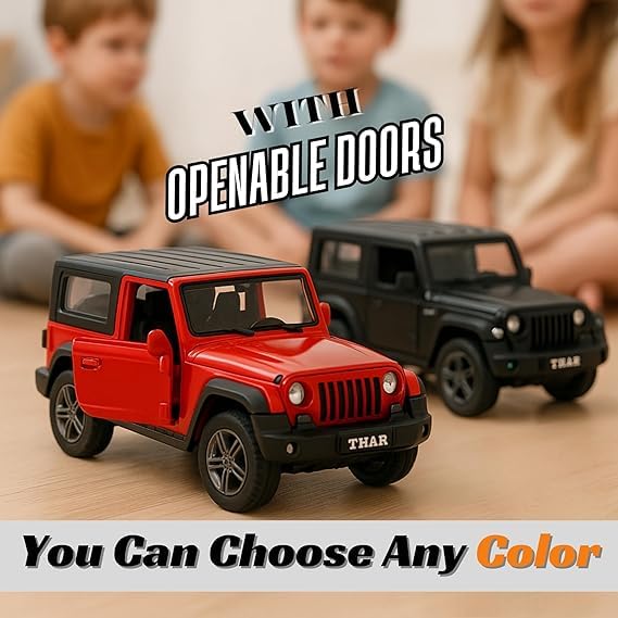 Image of MAKET Mahindra Thar 4x4 Toy Car - 1:32 Scale Die-Cast Metal SUV Model | Collectible Jeep Toy with Pull Back Action, Openable Doors & Rubber Tyres | Kids & Car Lovers (Black)
