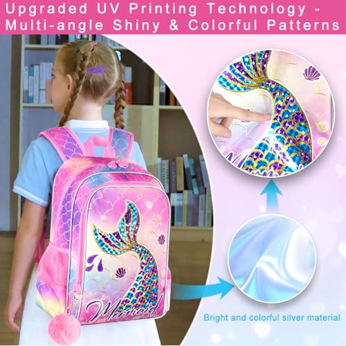 Image of HPJGD 3PCS Mermaid Backpack, Water Resistant Girls Bookbag Set with Lunch Box，Cute Kids Elementary School Bag for Preschool Toddler