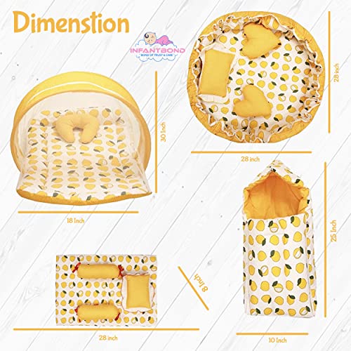Image of Infantbond Designer Mattress with Net | Baby Sleeping Bag | 4Pcs Bedding Set | 1 Nest (0-6 Months) (Lemon Yellow Nest Set)