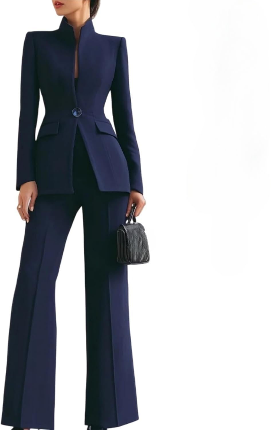Completo da Donna Primaverile Blazer Business a Maniche Lunghe con Collo Alto Tasca e Chiusura a Un Bottone + Pantaloni a Gamba Larga in Tinta Unita - Elegante Outfit da Ufficio