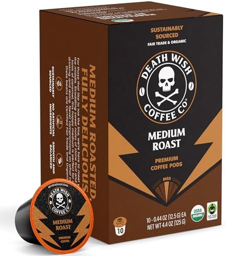 Death Wish Coffee Medium Roast Single Serve Coffee Pods, Organic, 10 Count