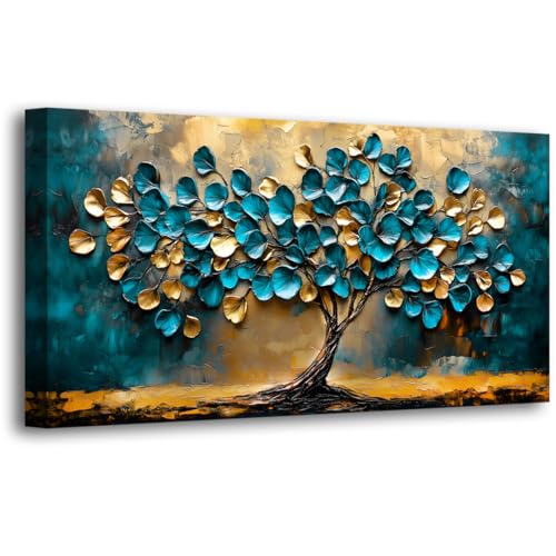 Tree of life Teal Gold Leaf Pictures Canvas Wall Art