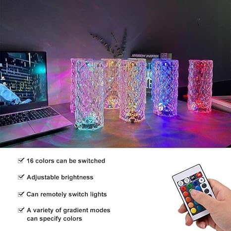 Image of 3 Colors Crystal Lamps Romantic Rose Crystal Diamond Table Lamps Touch Color Changing Light, Acrylic Rechargeable Modern Style Crystal Bedside Lamp with USB Port (Crystal Diamond Table Lamp)