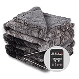 Electric Throw Blanket Low Voltage Heated Blanket 50 * 60'' Size Faux Fur Cover for Soft, Machine Washable,Fast Heat with 4 Heating Levels & 2-4-8-10 Hour Auto Timer - Grey (Build-in Button)