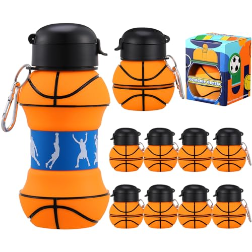Layhit 8 Pcs Basketball Water Bottles 18oz Collapsible Basketball Water Cups for Kids Silicone Sport Party Favors for Players Lovers School Team Gifts Travel Sport Theme Party Accessories