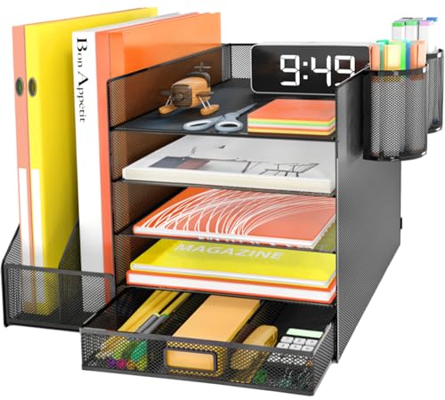 Desk Organizer with File Holder, 5-Tier Letter Paper Tray Organizer with Drawer & 2 Pen Holders, Desk Organizers and Accessories, Mesh Desktop File Organizer and Storage for Office image 4
