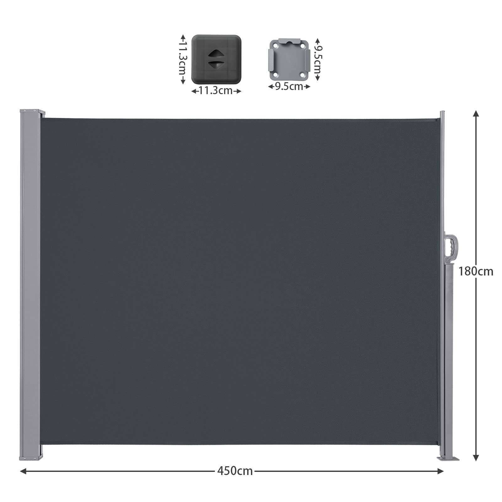 LARMNEE Seitenmarkise mit Stahl-Kasten, ausziehbar, 180 x 450 cm, Rostbeständig, Windschutz, Sonnenschutz, Seitenrollo, Blickdicht, für Balkon, Terrasse, Garten, Anthrazit EBK1845TBP02