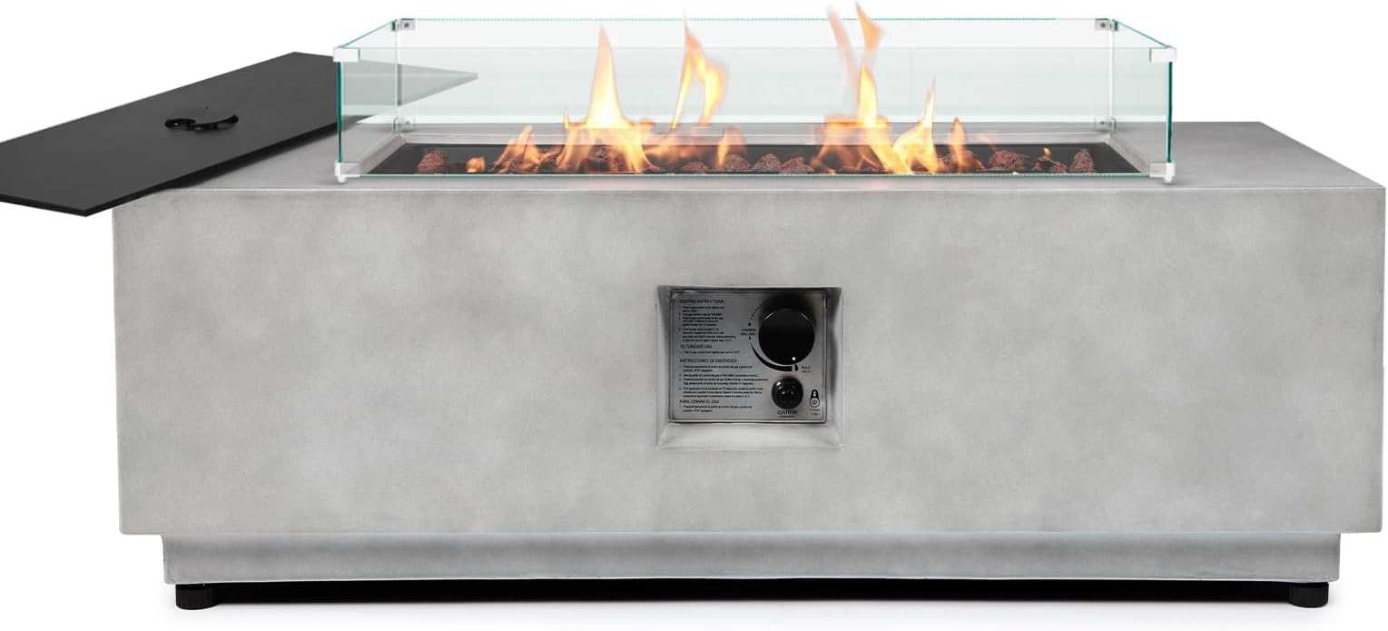 2 Pieces 42-Inch Outdoor Propane Fire Pit Table w/Wind Guard - 50,000 BTU, CSA-Certified Concrete Rectangle Firepits | Integrated Ignition, Steel Lid, Lava Rocks & Rain Cover Included
