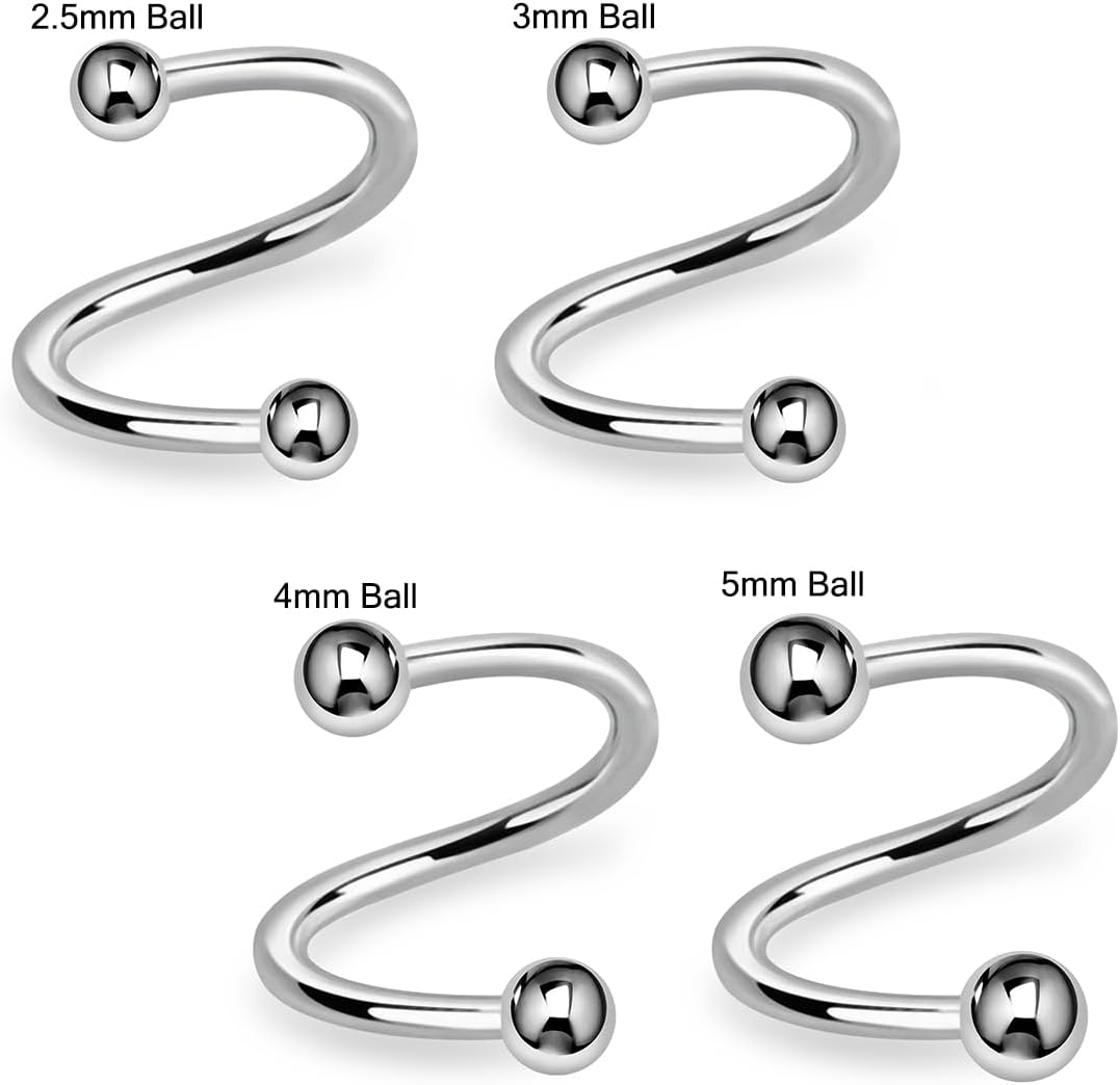 316L Surgical Steel 16 Gauge - 8mm, 10mm, 12mm Length Twister - Spiral Barbell with 2.5mm, 3mm, 4mm, 5mm Ball - Cartilage Helix Tragus Earring Lip Eyebrow Septum Belly Piercing Jewelry