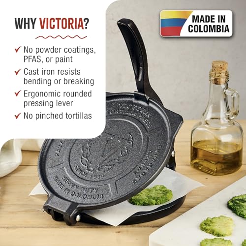 Image of Victoria 8-Inch Pre-Seasoned Cast Iron Tortilla Press | Heavy Duty Tortilla Maker for Tortillas, Rotis, Chapatis, Quesadillas | Commercial Grade Dough Press