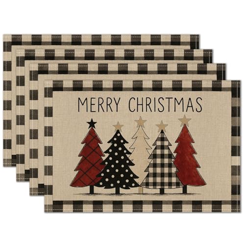HOMETITUTE Tischsets aus Leinen, Weihnachts-Tischsets, 30,5 x 45,7 cm, mit Büffelkaro und Weihnachtsbaum-Design, dekorative Tischsets, 4 Stück, für Urlaub, Küche, Esszimmer, Winterdekoration