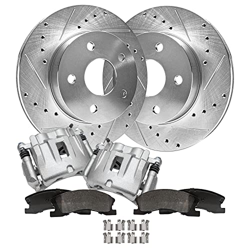 Image of Detroit Axle - Front Brake Kit for 1999-2004 Jeep Grand Cherokee | Drilled & Slotted Brake Rotors Brake Calipers w /Brackets Ceramic Brake Pads 2000 2001 2002 2003 Replacement
