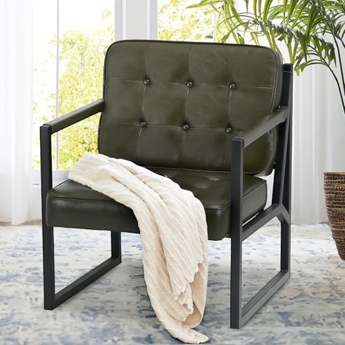 Image of COLAMY Modern Accent Chair, Accent Arm Chair for Living Room, Comfy Leather Armchair with Metal Legs for Bedroom Reception Waiting Room, Green