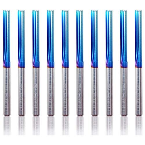 Pangocho Jinchao-Router bits 10Pcs 2 Flute Carbide Milling Cutter CNC Engraving Bit, 3.175 Shank 17mm Blue Coated Straight End Mill, Woodworking Tools Cutter