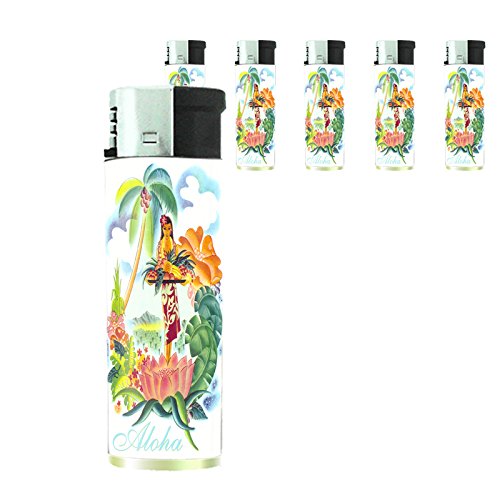 Butane Refillable Electronic Lighter Set of 5 Pieces Vintage Hawaiian Art Design 005