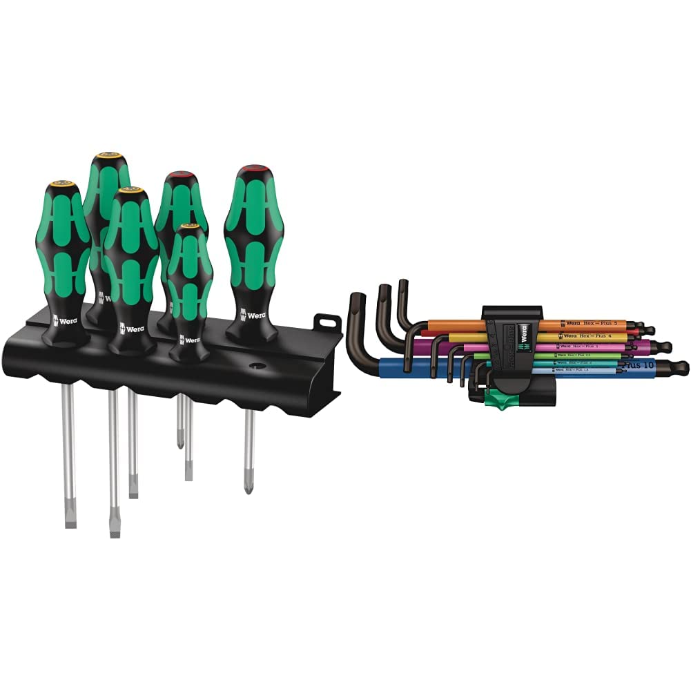 Wera - 5105650001 Kraftform Plus 334/6 Screwdriver Set with Rack and Lasertip, 6-Pieces & Tools 05073593001 950 SPKL/9 SM N SB Long ARM HEX Key Set, One Size, Multi