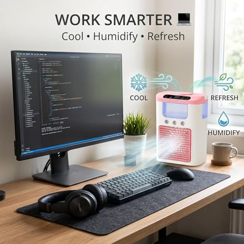Image of Drumstone Portable Mini Air Cooler Fan with Water Tank, USB Personal Air Conditioner, 3 Speed Cooling Fan with Mist Spray, Quiet Desktop Cooling Fan for Home Office Bedroom Summer Cooler - Pink