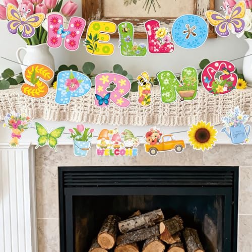 Image of 3Pcs Pre-Strung Hello Spring Banner for Classroom Office Spring Easter Hanging Decorations