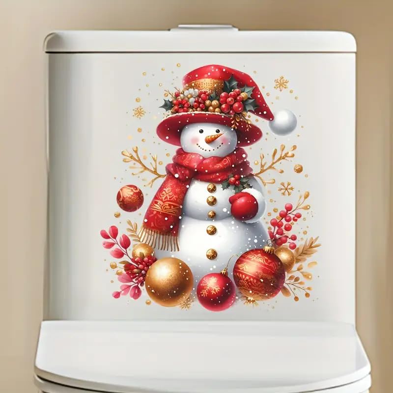 Merry Christmas Snowman Bell Ball Leaf Toilet Cover Sticker Decals,Christmas Ball Flower Ocean Waterproof Toilet Lid Tank Seat Decals Cistern Self-Adhesive Bathroom Wall Sticker