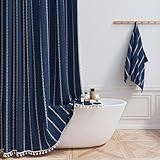 BTTN Boho Farmhouse Shower Curtain - Linen Rustic Weighted Striped Fabric Shower Curtain Set with Tassel, Water Repellent, Bohemian Vintage Country Cloth Shower Curtain for Bathroom, Navy Blue, 72x72