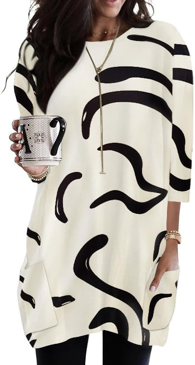 Poetsky Womens 3/4 Sleeve Tunics or Tops to Wear with Leggings Long Shirts Blouses with Pockets S-3XL