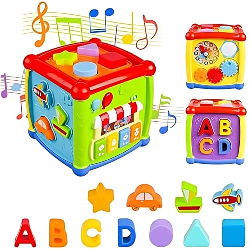 Image of Crackles Early Age 6 in 1 Learning Cube Educational & Learning Activity Toy Including Blocks, Clock, Alphabets-Tree,Transportation Vehicles,Music Keyboard & Mirror for Kid, Multicolored