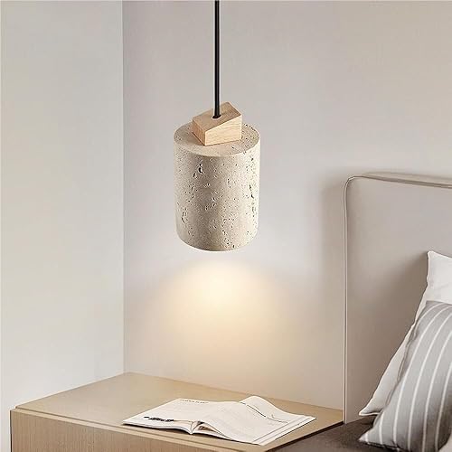 Miniatura 3 de Yellow Travertine Pendant Light Vintage Cylinder Hanging Lamp with E26E27 Base Japanese Style Solid Wood Chandelier for Kitchen Island Farmhouse
