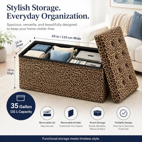 Image of ALASDO 43 Inch Folding Storage Ottoman Bench with Hidden Storage, PU Leather Ottoman Foot Rest Stool, End of Bed Bench for Bedroom, Living Room, Entryway and Closet, Leopard Print