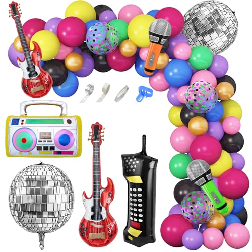 Amandir 80s 90s Theme Party Decorations, 90Pcs Balloon Garland Kit 6PCS Disco Ball Radio Boom Box Retro Mobile Phone Guitar Microphone Foil Balloons for Back to 80s 90s Hip Hop Birthday Supplies