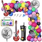 Amandir 80s 90s Theme Party Decorations, 90Pcs Balloon Garland Kit 6PCS Disco Ball Radio Boom Box Retro Mobile Phone Guitar Microphone Foil Balloons for Back to 80s 90s Hip Hop Birthday Supplies