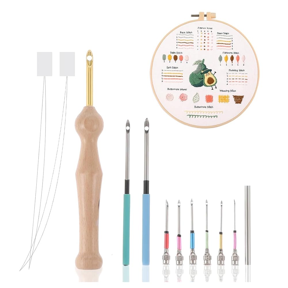 Littimoon 12Pcs Punch Needle Kit, Needles Punch Adjustable Punch Needle Tool Wooden Handle Embroidery Tool Punch Needle Set
