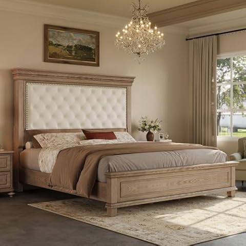 Albott King Size Solid Wood Bed Frame with 68" High Headboard, Chenille Upholstered Platform Bed with Nailhead Trim/Button Tufted/No Box Spring Needed/Easy Assembly, Driftwood Grey Cover