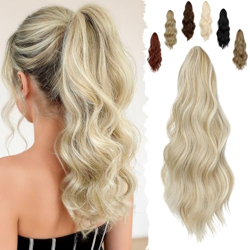 FELENDY 16 Ponytail Extension Claw Clip Wavy Ponytails Hair Extension Curly Long Pony Tails Natural Looking Hairpiece for Women Synthetic Ash Blonde mix Bleach Blonde