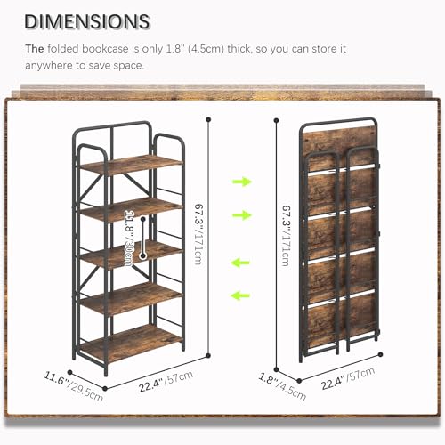 Image of 4NM No Assembly Folding Bookshelf, 5 Tiers Collapsible Book Shelves Open Industrial Foldable Storage Bookcase Shelf for Bedroom, Living Room, Home Office - Rustic Brown and Black