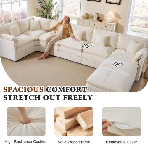 Image of Ihanherry Oversized Modular Sectional Sofa with Storag, 8-Seater V Shaped Cloud Couch with Movable Ottomans, Chenille Deep Seat Corner Couches for Living Room (Beige)