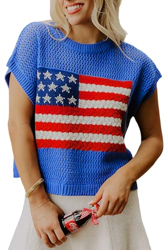 Image of Womens American Flag Sweater Cap Sleeve Summer Crop Tops Crew Neck Loose Fit Knit Sweater Pullover Top