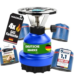 Magnum Campingkocher inkl. 4 Gaskartuschen - robuster Gaskocher mit Kartusche – Camping Gaskocher - Gaskocher Campingherd