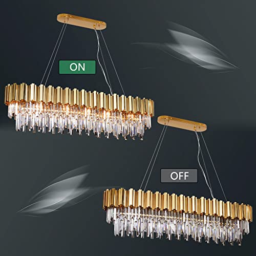Osairuos L51.2 Gold Rectangle Crystal Chandelier For Dining Room Modern Luxury Light Fixture Linear Kitchen Island Contemporary Pendant Ceiling Light Oval Raindrop Chandelier Lighting 19-Light #TOP4