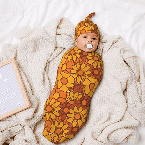 Image of 70s Floral Newborn Swaddle Blanket With Hat Sets Newborn Receiving Blanket for Boy Girl Swaddle Sack Shower Infant Gift