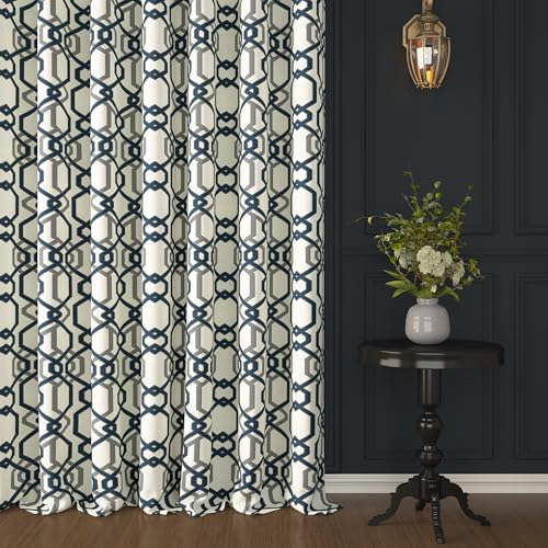 Image of Story@Home Cotton Curtain | Curtains 8 Feet Long Set of 2 | Geometric Printed | Bohemian Curtain | Room Darkening | Semi Long Door Curtains for Living Room | (116 X 242 Cm, White & Grey /Navy Blue)
