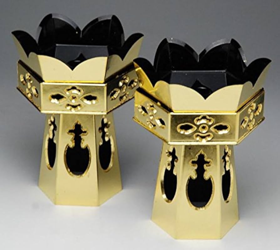 4505 時代仏具　木地金箔押蓮花文　六角彩絵華足　供花　一対　木箱付　送料無料 4505 時代仏具 木地金箔押蓮花文 六角彩絵華足 供花 一対 木
