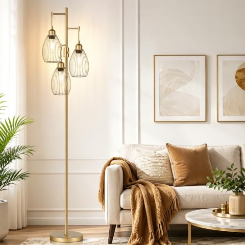 Image of Dimmable Floor Lamp, 3 x 800LM LED Edison Bulbs Included, Farmhouse Industrial Floor Lamp Standing Tree Lamp with Elegant Teardrop Cage Head Tall Lamp for Living Room Bedroom Office Dining Room - Gold