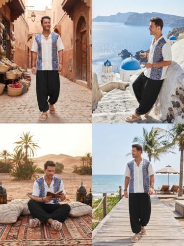 Image of Leriya Fashion Men's Boho Hippie Harem Pants | Black Printed Wide-Leg Trousers | Koren Streetwear Loose Baggy Fit Summer Lounge Yoga Lowers | Men's Solid Cowl Dhoti Pants | Relaxed Fit Draped Harem
