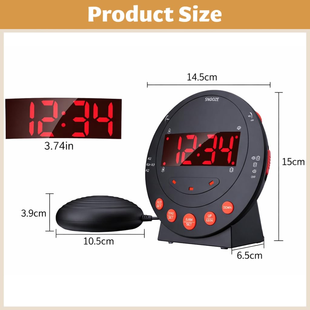 Vibrationswecker für Gehörlose, Tiefschläfer & Senioren, Batteriebetrieben Wecker mit 110 dB lautem Alarm, Vibrationsuhr, Bett-Shaker, Dimmer, Schreibtisch Schlafzimmer