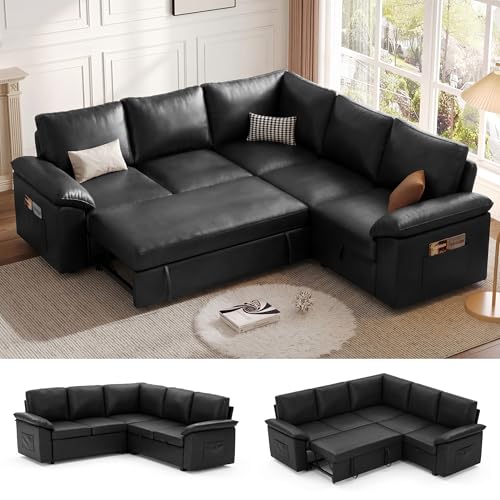 Image of 85 Inch Faux Leather Modular Sectional Sofa with Pull Out Bed, L Shaped 5 Seat Sectional Sleeper Sofa with Storage, Sectional Couches for Living Room, Cloud Modular Couch,Black Leather