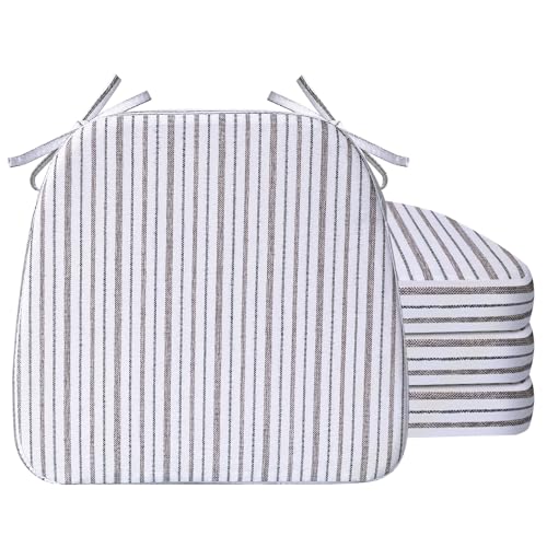 AAAAAcessories D-Shaped Chair Cushions, 2" Thick Dining Chair Pads with Ties and Removable, Machine-Washable Cover, 17" x 16", Set of 4, Pinstripe Brown