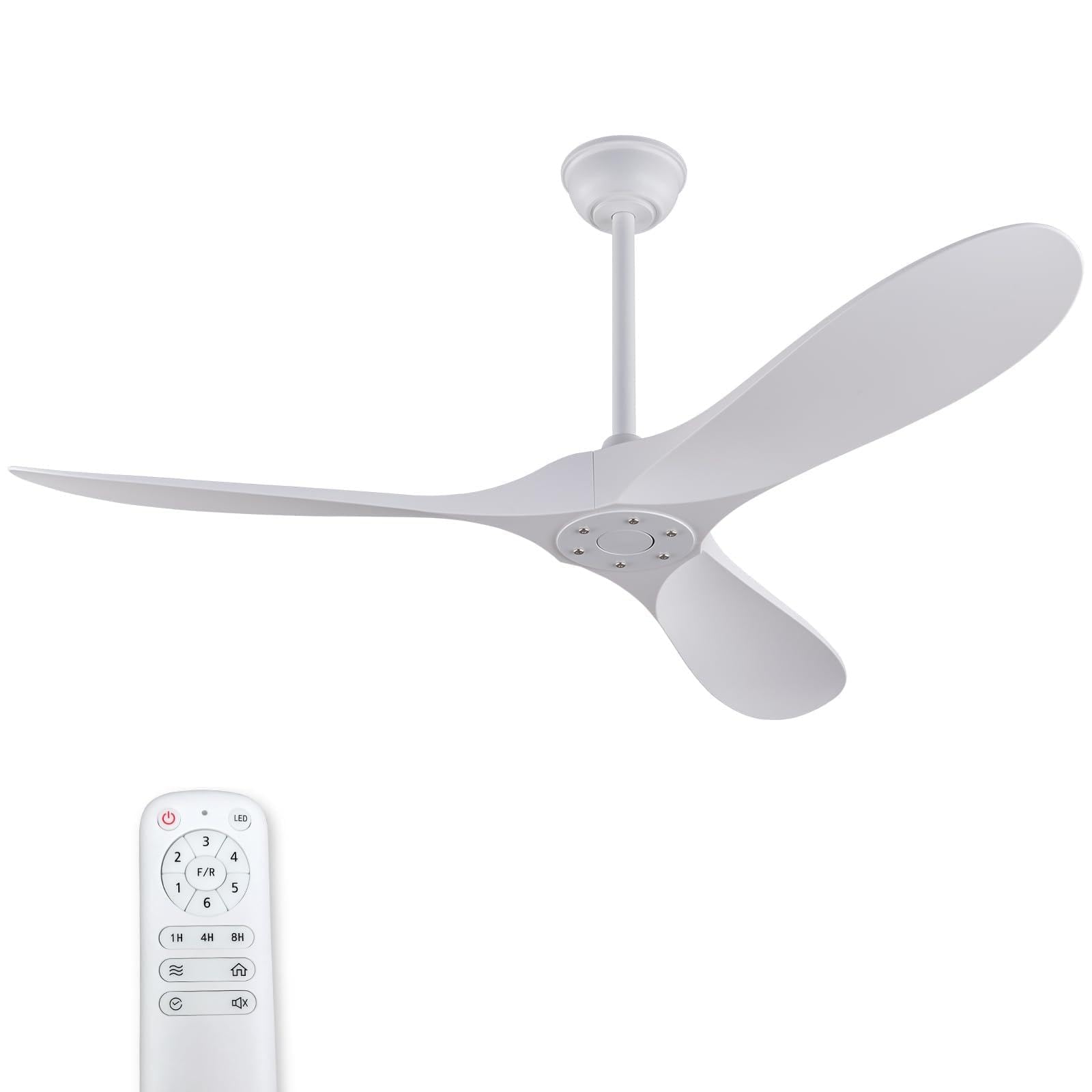 Ventilador de techo de 132 cm para exterior sin luz, alas de ABS blanco, mando a distancia, Windcalm, motor silencioso DC, temporizador, para terraza y sala de estar