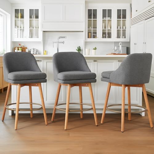 Image of kinmars Modern Bar Stools Set of 2,Swivel Counter Height Bar Stools with Soft Upholstered Back,Thick Seat,Wooden Legs, 27 inch Counter Stools for Kitchen Island (Gray, 3 Pieces - 27 inch Counter Height)