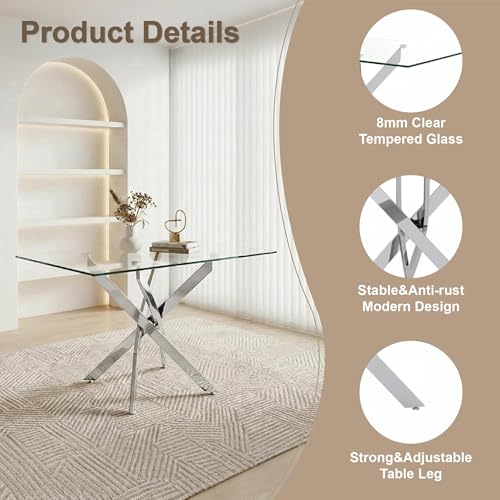 Image of 5 Piece Glass Dining Table Set for 4, Modern Tempered Glass Top Kitchen Table and Chairs Set, 4 Upholstered Chairs, Space-Saving Small Apartment Dining Set, Silver & Gold