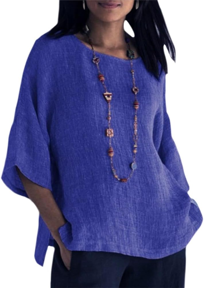 Women's Loose Fit Cotton Linen Tops 3/4 Sleeve Round Neck Flowy Lightweight Solid Shirt Casual Summer Trendy Blouse